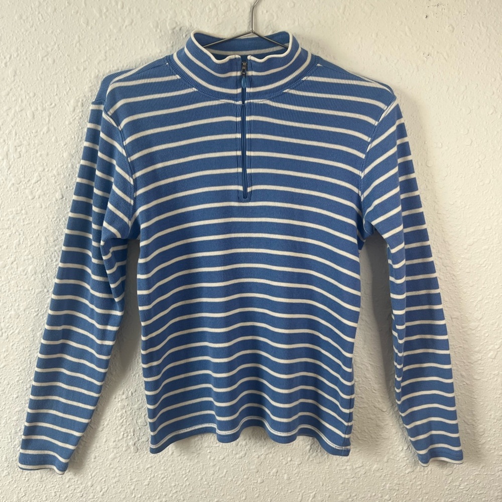 L.L.Bean Blue & White Striped Quarter Zip Cotton Top Small